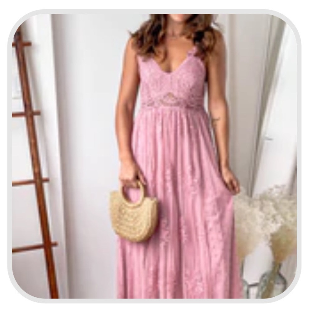 Saved By the Dress: mauve lace maxi dress with crochet top. Size Large
